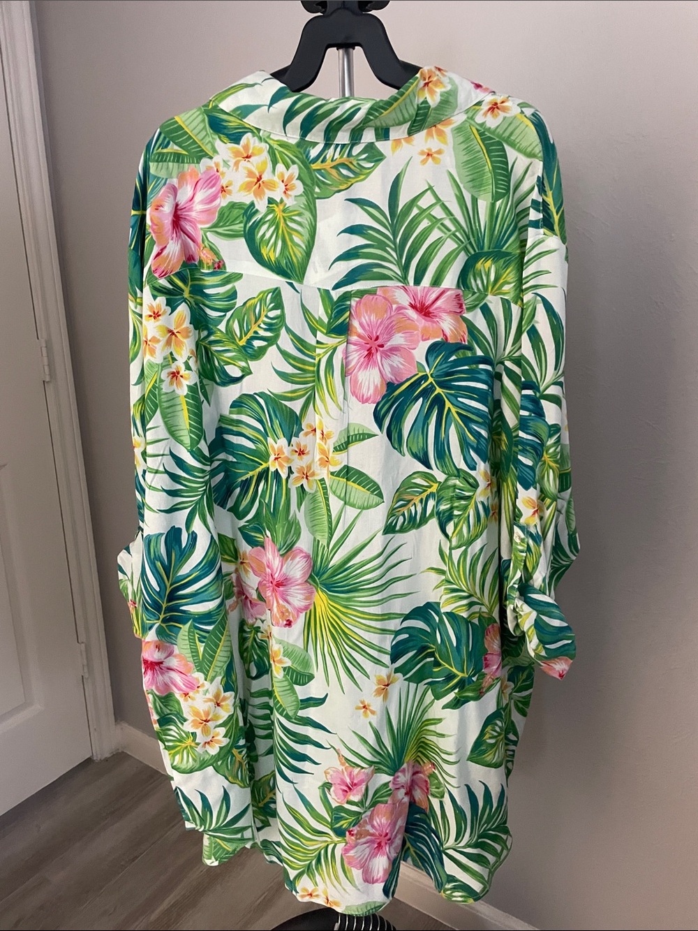 Tropical Floral Button-Front Swim Coverup - White with Pink & Green - Picture 8 of 8